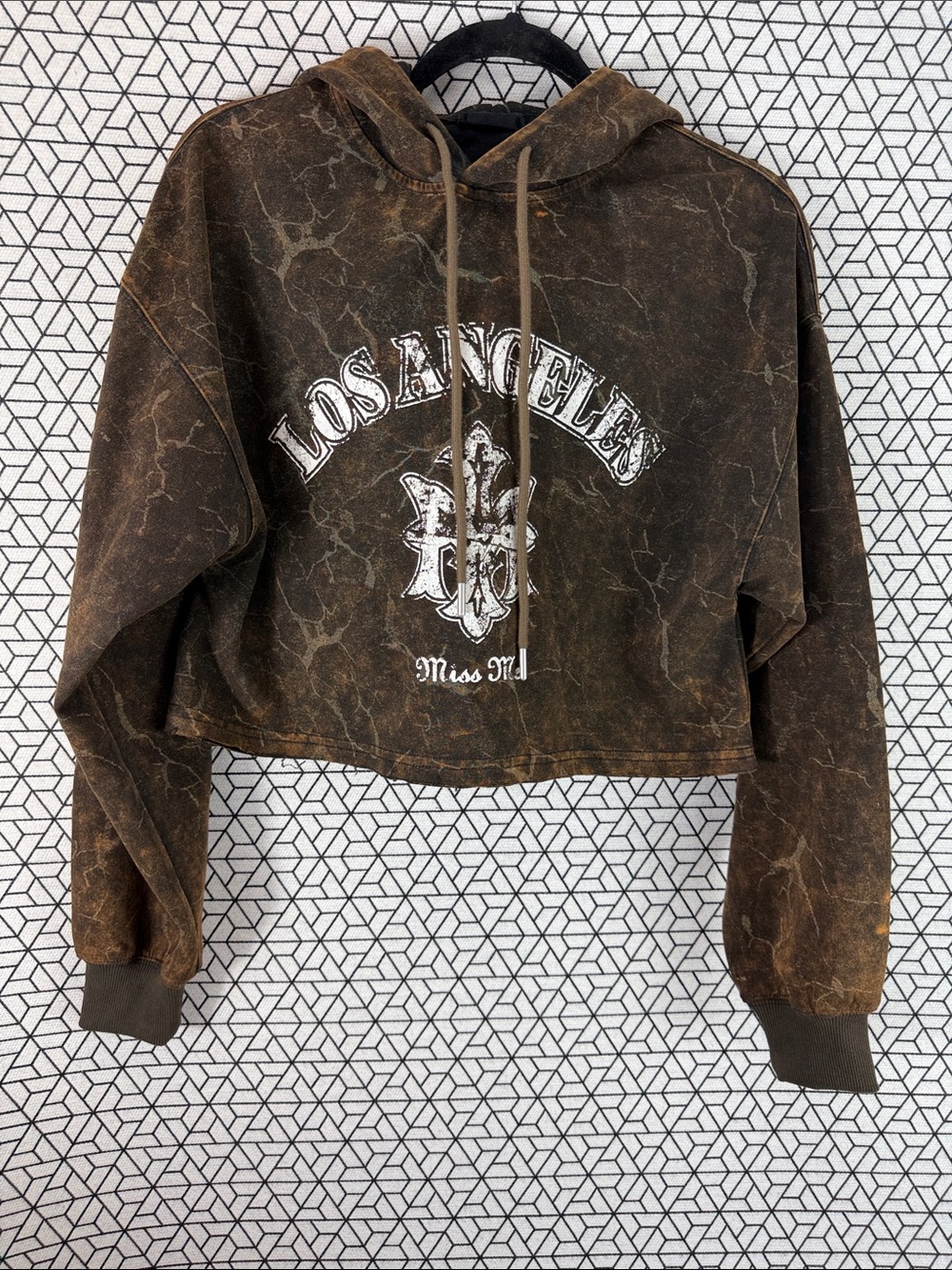 Miss Me Brown Marble-Wash Cropped Hoodie with Los Angeles Graphic